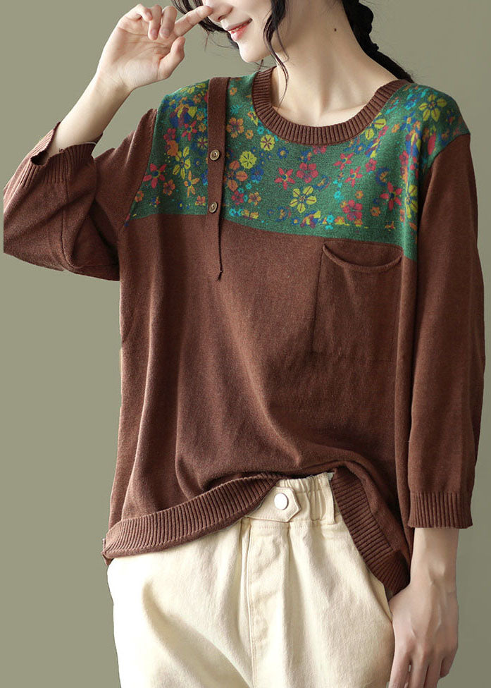 Loose Chocolate O-neck Button Patchwork Print Knit Tops Long Sleeve