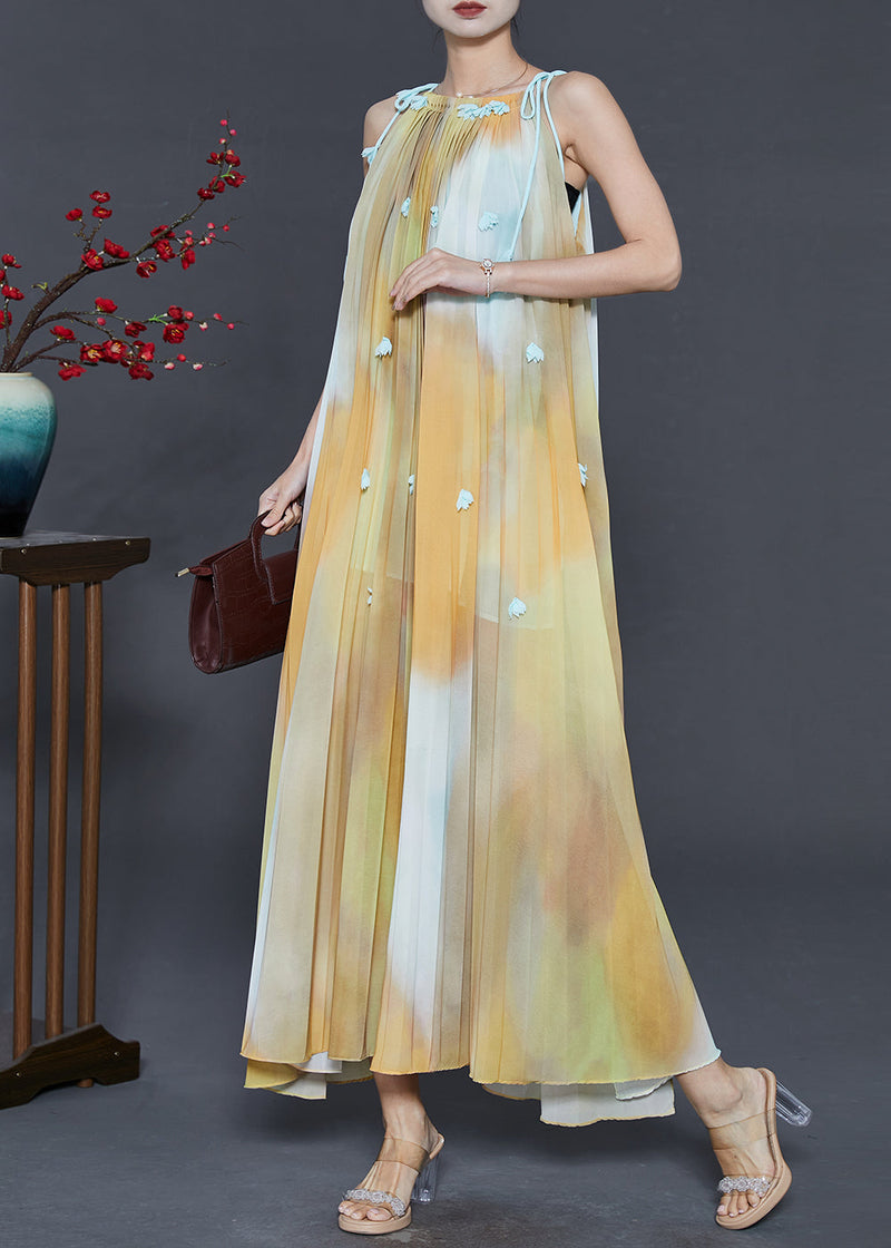 Yellow Cold Shoulder Tie Dye Chiffon Beach Dress Summer