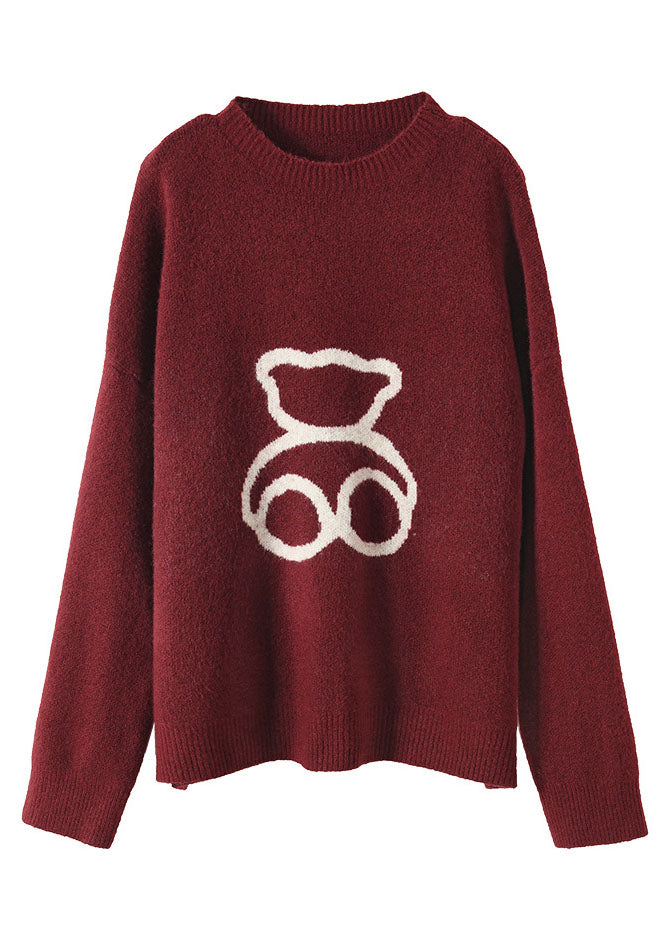 Loose Red O-neck Print Woolen Sweaters Spring