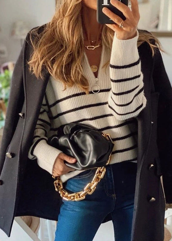 Beige Zip Up Striped Knit Short Sweater Fall