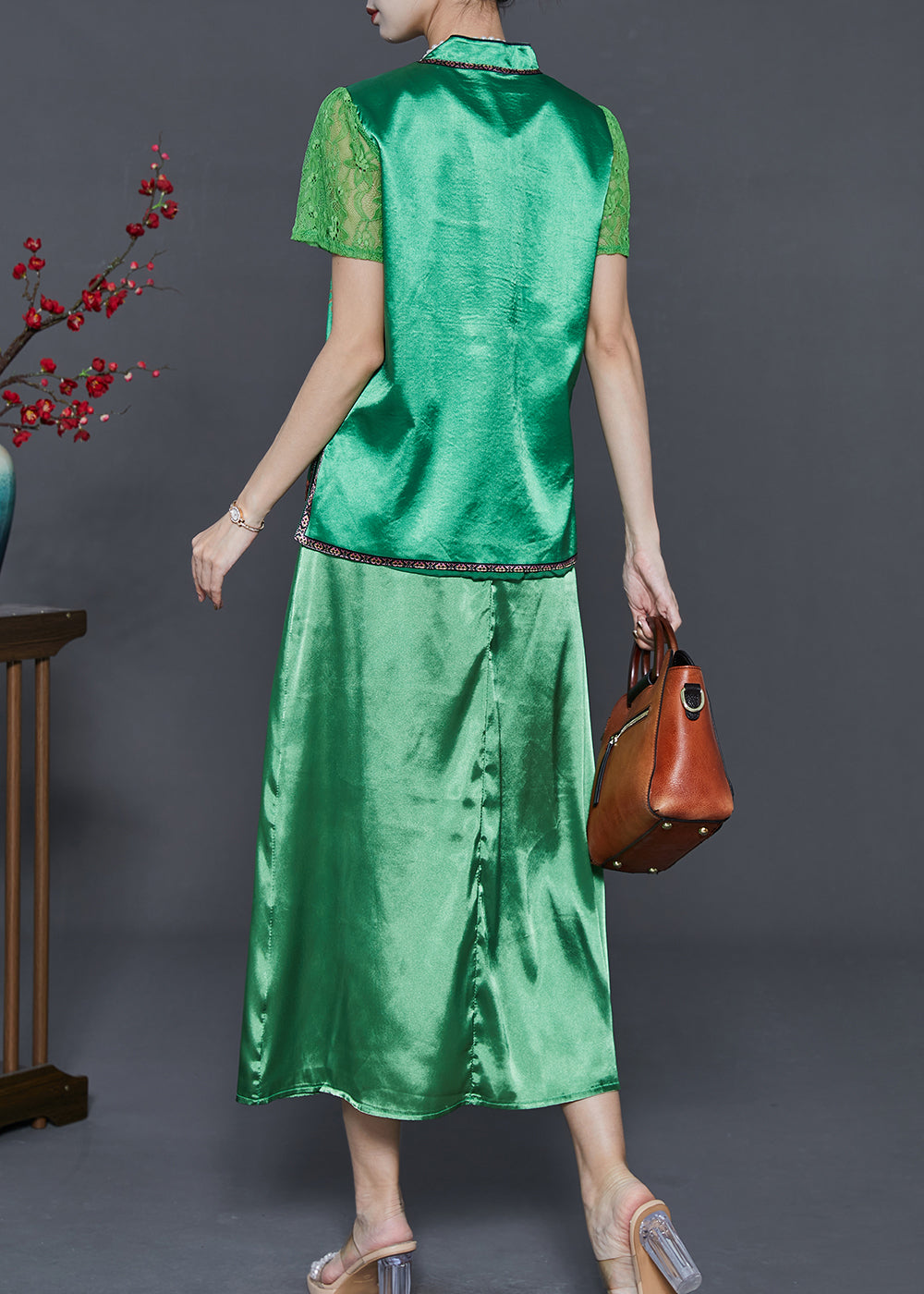 Green Embroidered Draping Silk Dresses Two Pieces Set Summer