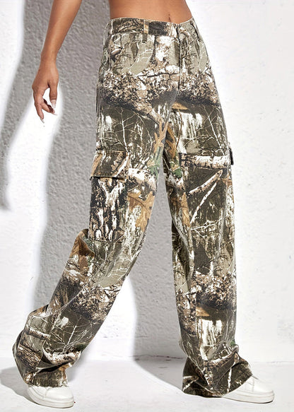 Print Pockets High Waist Cotton Pants Spring