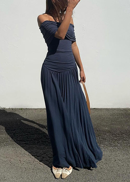 Navy Wrinkled Long Dresses Slash Neck Summer