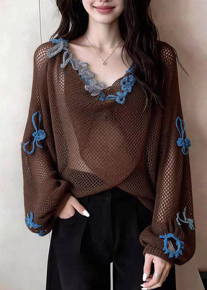 Loose Coffee Embroidered Patchwork Hollow Out Tops Lanter Sleeve