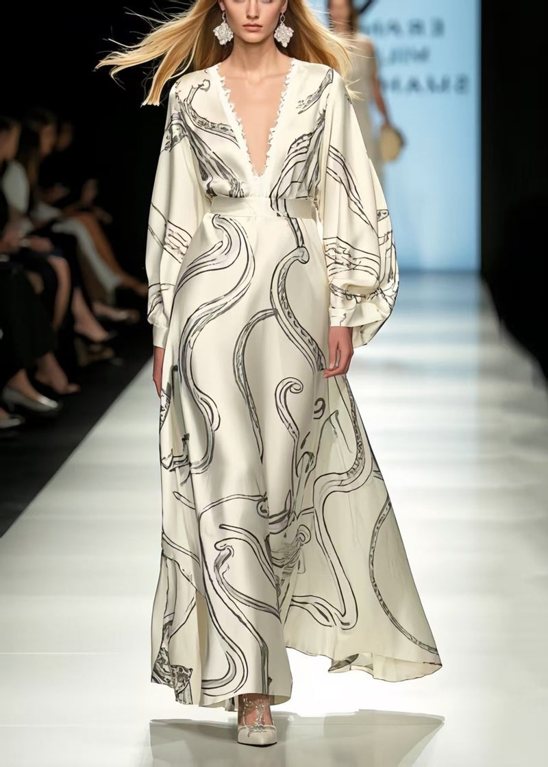 White Oversized Print Silk Vacation Dresses Spring