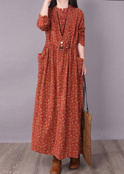 Brick Red Cinched Print Linen Long Dress Long Sleeve
