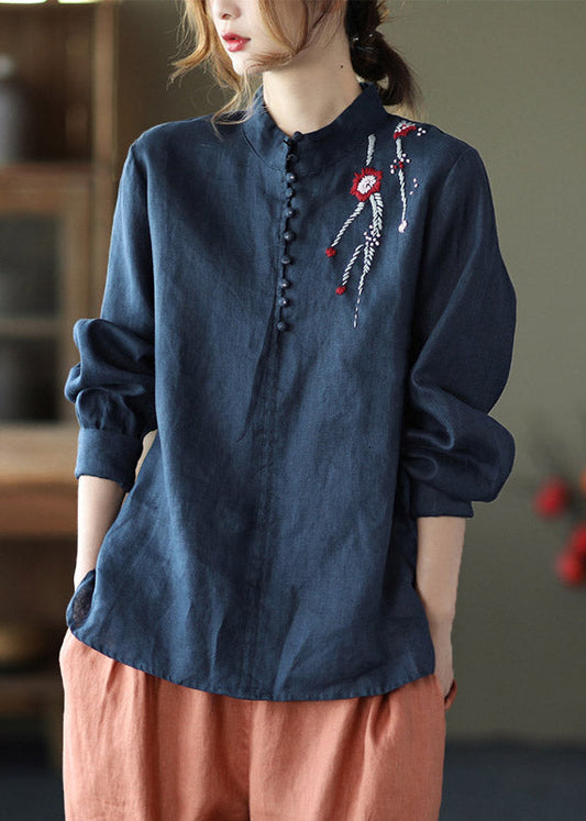 Navy Stand Collar Embroidered Button Linen Shirts Long Sleeve