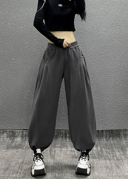 Grey Pockets Elastic Waist Cotton Beam Pants Fall