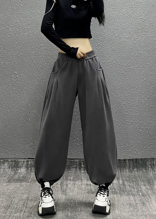 Grey Pockets Elastic Waist Cotton Beam Pants Fall
