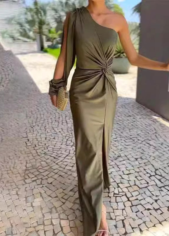 Italian Army Green One Shoulder Wrinkled Side Open Silk Dresses Summer