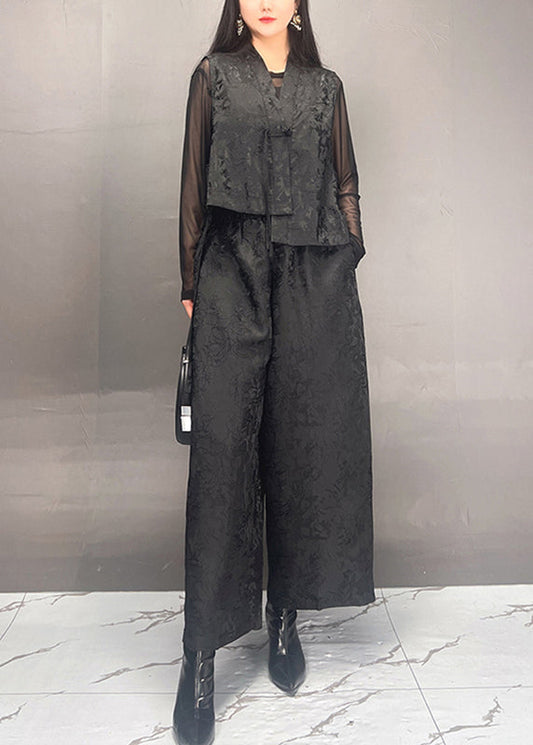 Black Print Asymmetrical Silk Cotton Waistcoat and Wide Leg Pants Two Piece Set Fall