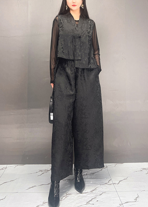 Black Print Asymmetrical Silk Cotton Waistcoat and Wide Leg Pants Two Piece Set Fall