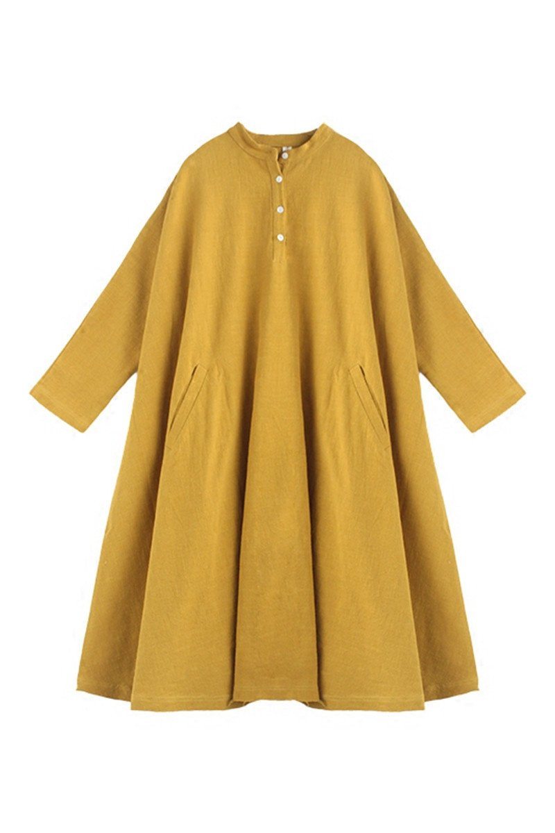 Spring Yellow Cotton Linen Dresses Long Sleeve Shirt Dress Outfits