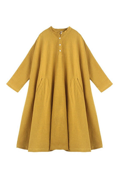 Spring Yellow Cotton Linen Dresses Long Sleeve Shirt Dress Outfits