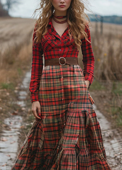 Colorblock Plaid Wrinkled Cotton Maxi Dresses Long Sleeve
