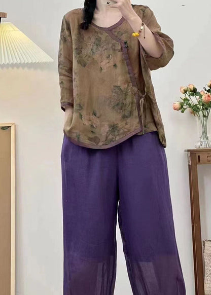 Coffee O Neck Print Lace Up Patchwork Linen Top Summer