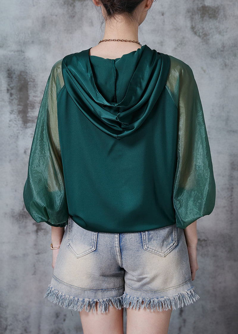 Peacock Green Hooded Patchwork Silk Blouse Tops Fall