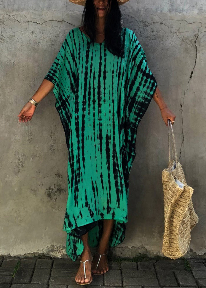 Boutique Green V Neck Tie Dye Cotton Long Dress Summer