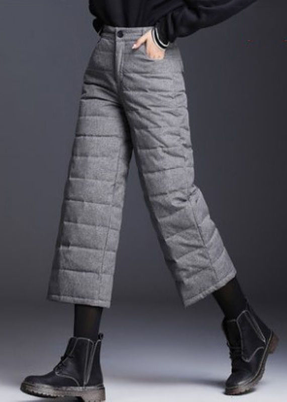 Grey Pockets High Waist Duck Down Crop Pants Winter