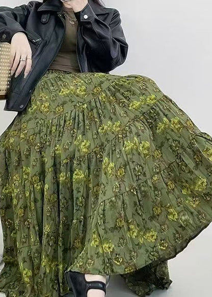 Green Print Wrinkled Elastic Waist Cotton Skirts Spring
