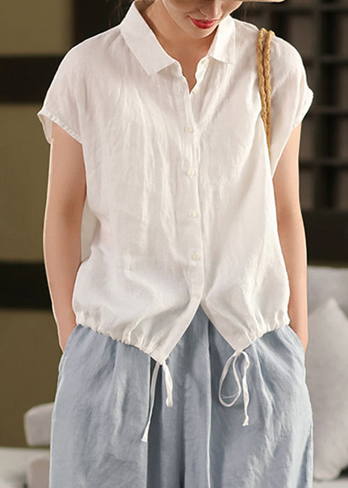 White Peter Pan Collar Lace Up Linen Blouse Summer