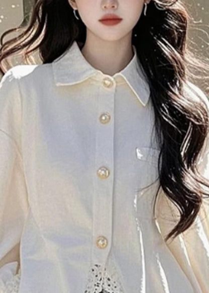White Peter Pan Collar Lace Button Cotton Shirt Fall