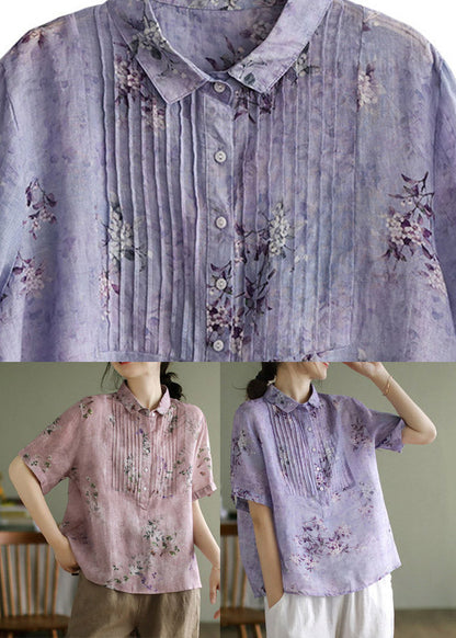 Pink Peter Pan Collar Print Button Linen Shirts Short Sleeve