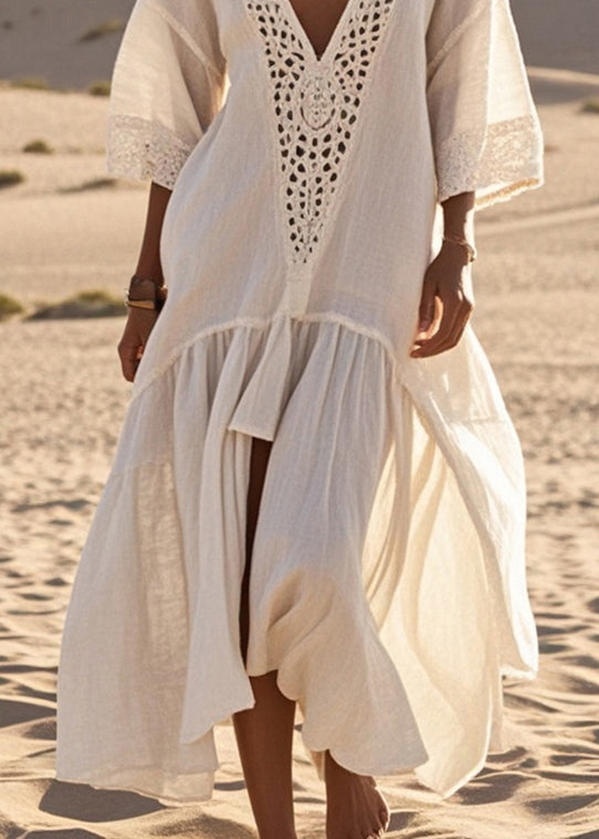 White Oversized Lace Patchwork Cotton Long Dresses Summer