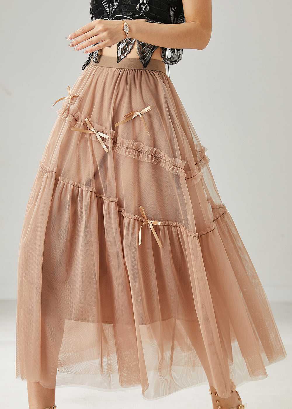 Khaki Bow Ruffled Tulle Skirts Summer