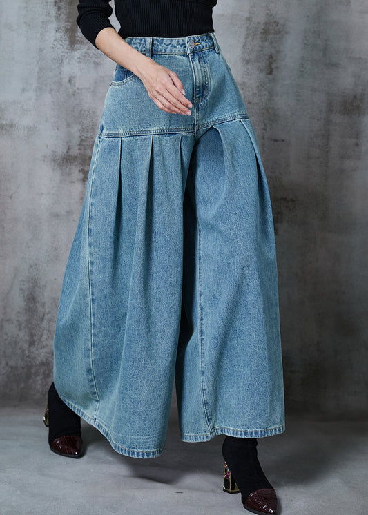 Blue High Waist Patchwork Denim Wide Leg Pant Skirts Summer