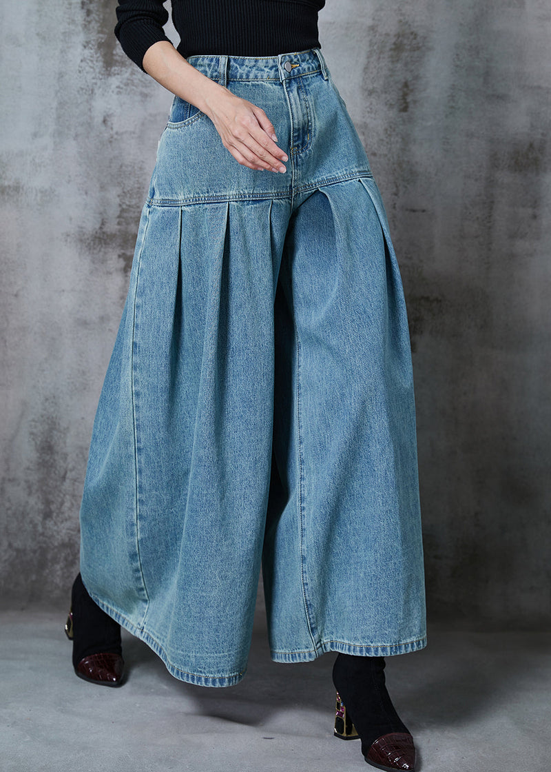 Blue High Waist Patchwork Denim Wide Leg Pant Skirts Summer