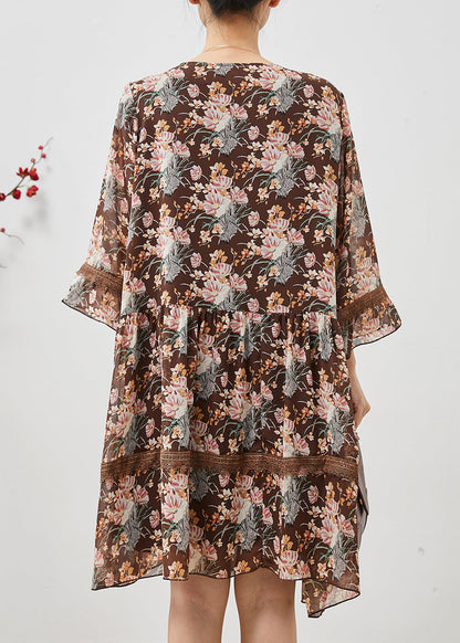 Brown Print Patchwork Lace Holiday Dress Summer