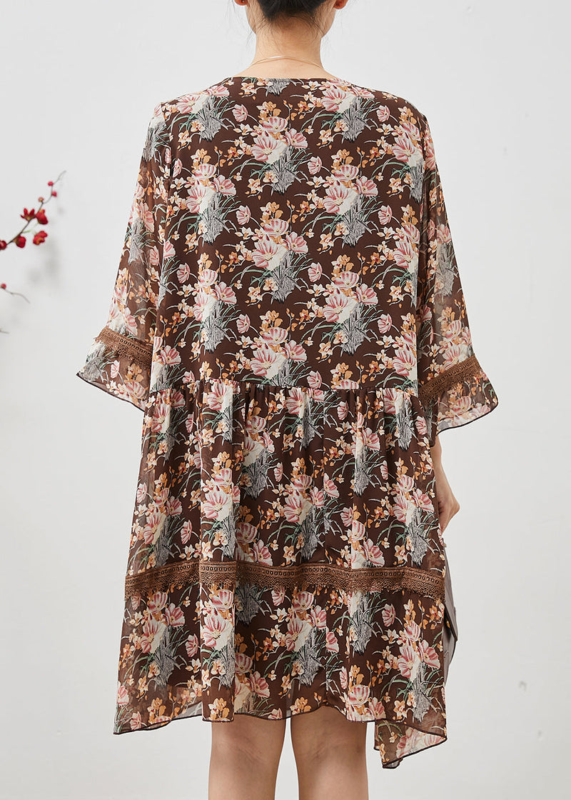 Brown Print Patchwork Lace Holiday Dress Summer