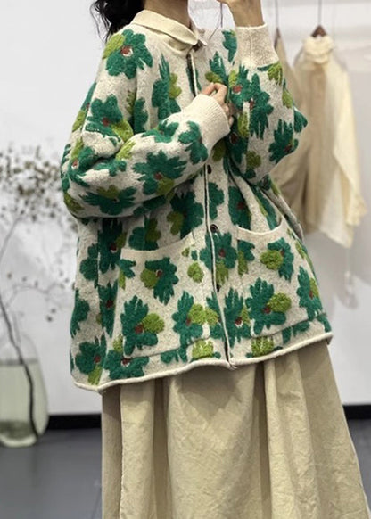 Green Button Pockets Cotton Knit Coats Long Sleeve