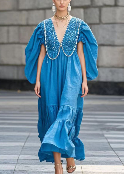 Blue Original Design Nail Bead Cotton Dress Batwing Sleeve