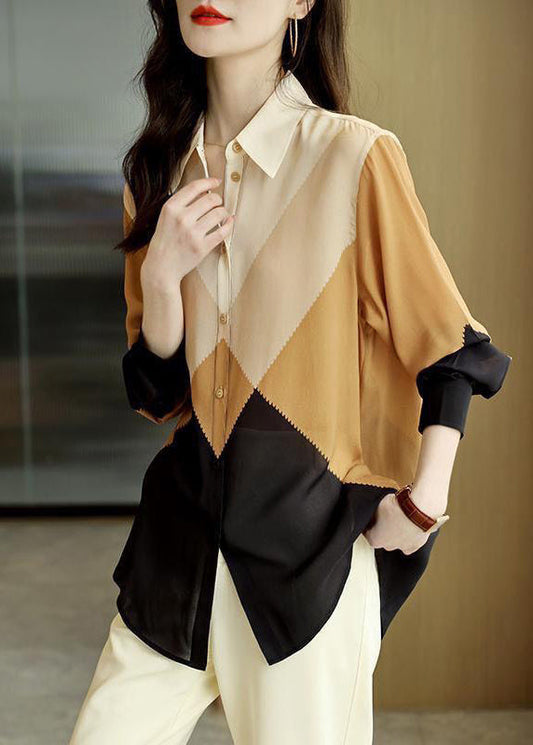 Colorblock Peter Pan Collar Button Chiffon Blouses Spring