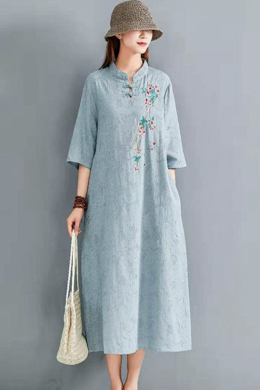 -summer Cotton Linen Embroidered Dress Button Loose Dress