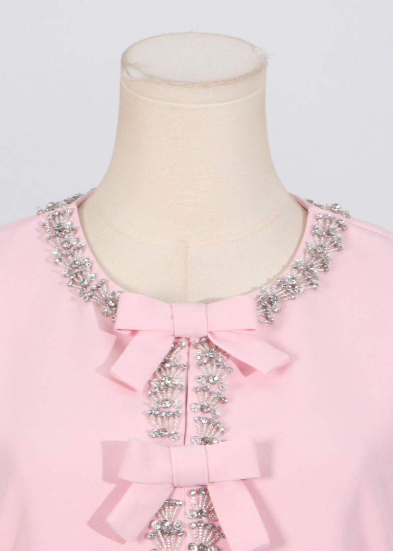 Pink O Neck Zircon Bow Cotton Long Dress Summer