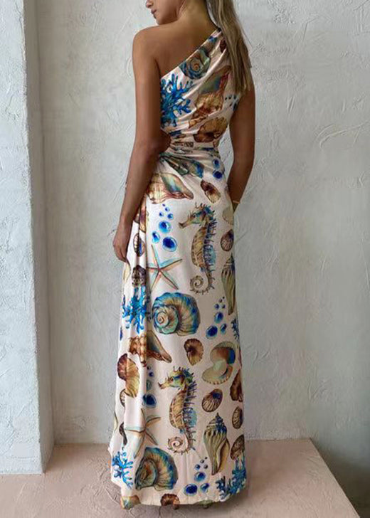 Diagonal Shoulder Drawstring Slit Long Dress Summer