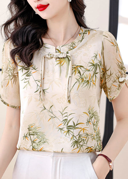 Green Tasseled Print Chiffon Blouse Top Summer
