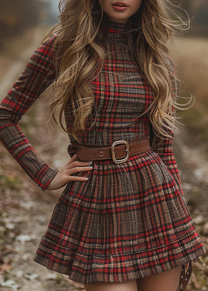 Red Hign Neck Plaid Cotton Mini Dress Spring