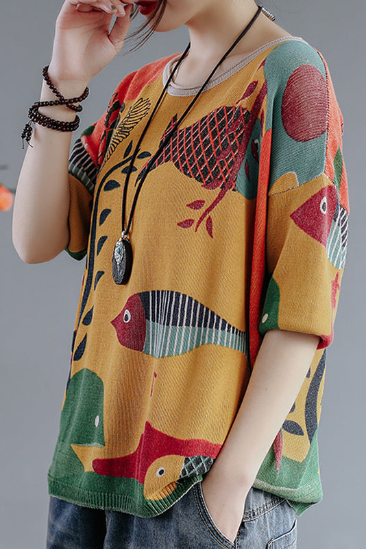 New Style Small Fish Print Sweater Loose Knit Sweater Top