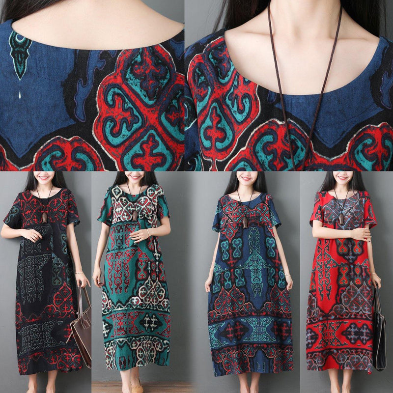Loose Waist Cotton Linen Soft Surroundings Linen Green Prints Dresses Summer