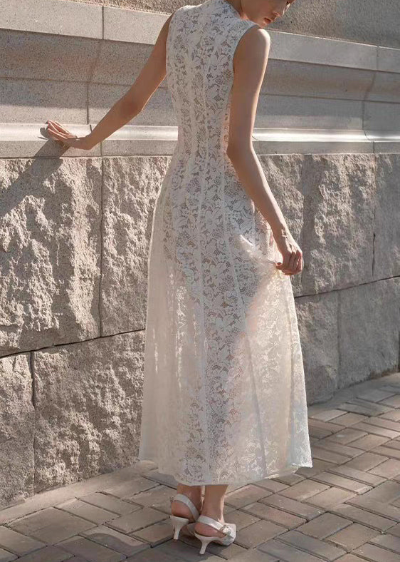 Slim Fit White High Waist Lace Long Dress Sleeveless