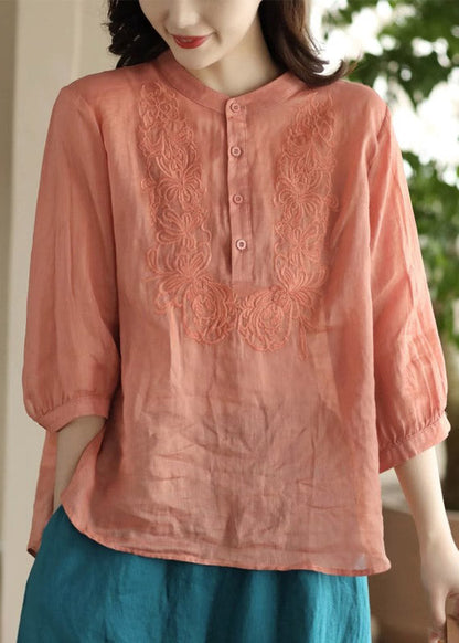 Orange Stand Collar Embroidered Shirt Long Sleeve