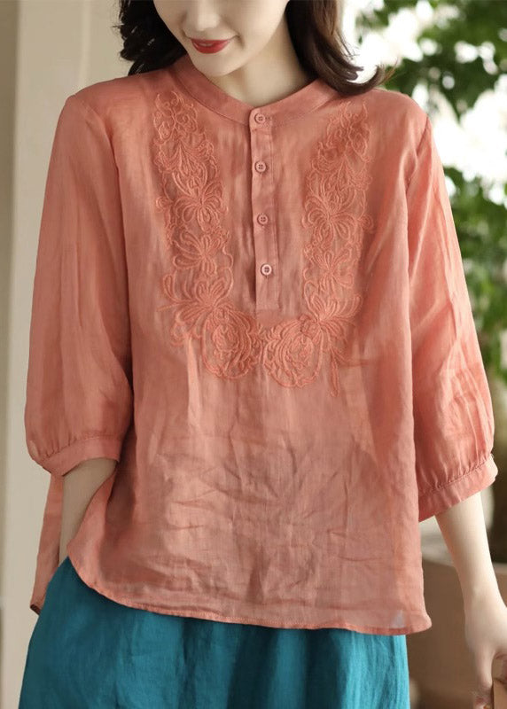 Orange Stand Collar Embroidered Shirt Long Sleeve
