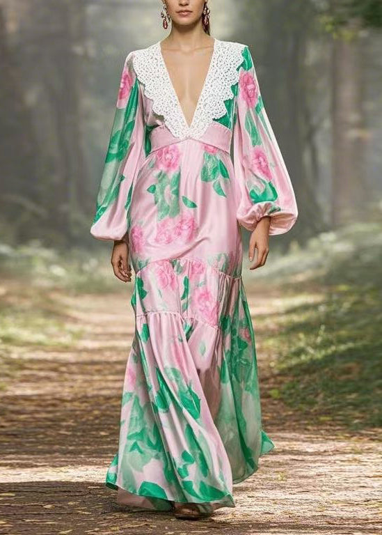 Pink V Neck Print Patchwork Silk Long Dress Lantern Sleeve