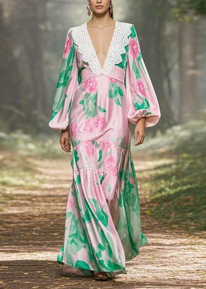 Pink V Neck Print Patchwork Silk Long Dress Lantern Sleeve