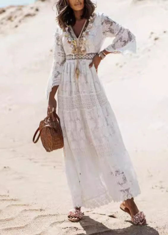 White Tasseled Hollow Out Lace Dresses Summer