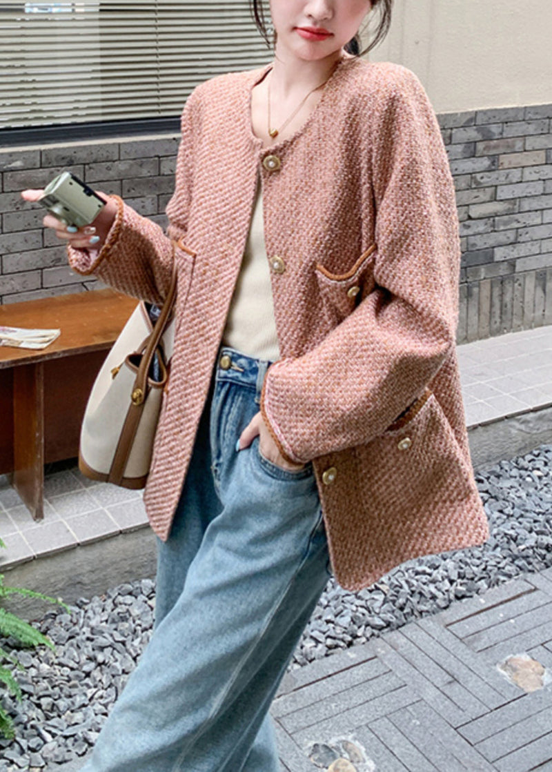 Pink O Neck Button Pockets Coat Fall